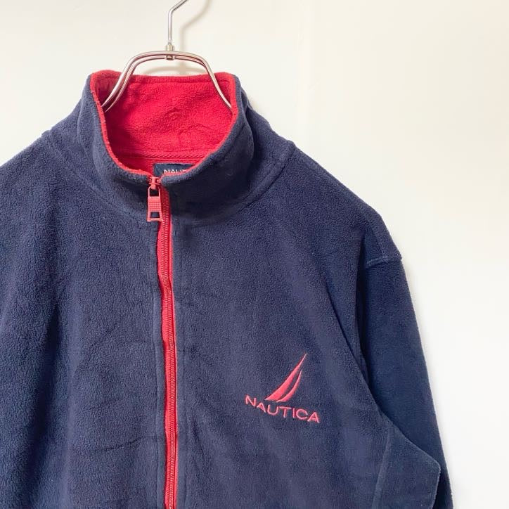 古着 used　NAUTICA ノーティカ　長袖ジップアップフリースジャケット　ワンポイント刺繍　ハイネック　ネイビー　XSサイズ