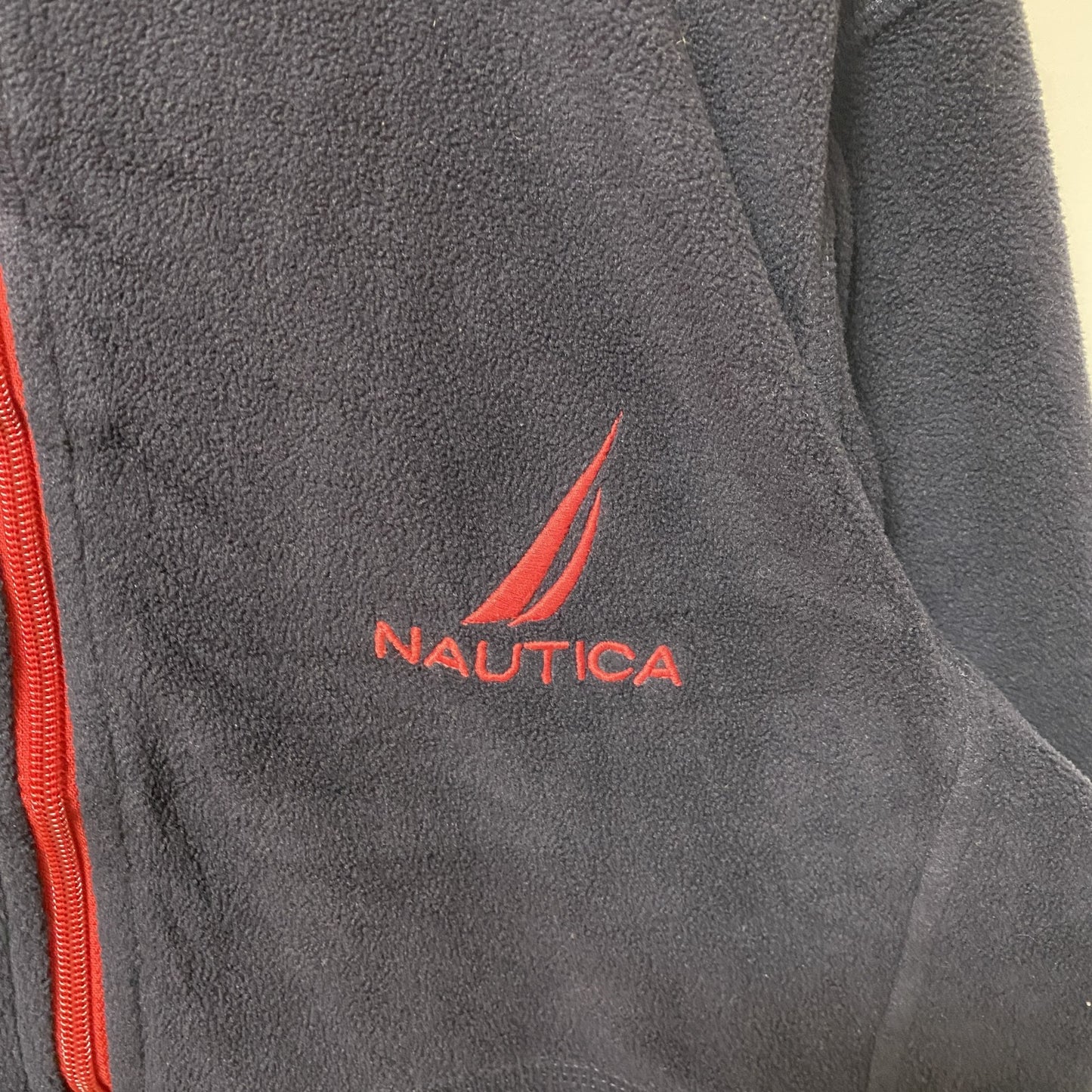 古着 used　NAUTICA ノーティカ　長袖ジップアップフリースジャケット　ワンポイント刺繍　ハイネック　ネイビー　XSサイズ