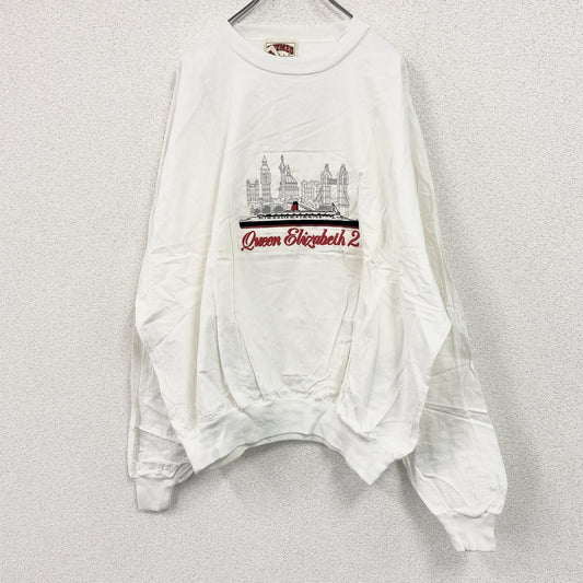 90s～　NUTMEG　ナツメグ　長袖プリントTシャツ/ロンT　クイーン・エリザベス2世号　刺繍ロゴ　ヴィンテージ　白　ホワイト