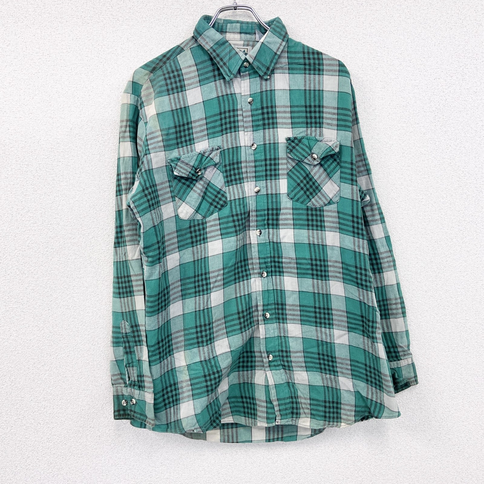 80s　OUTDOOR EXCHANGE　長袖シャツ　チェック柄　ヴィンテージ　緑　グリーン　Lサイズ