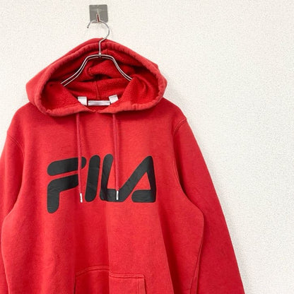 古着 used　FILA　フィラ　長袖ロゴプリントパーカー　スウェットフーディ　赤　レッド　レトロデザイン　秋冬服　Lサイズ