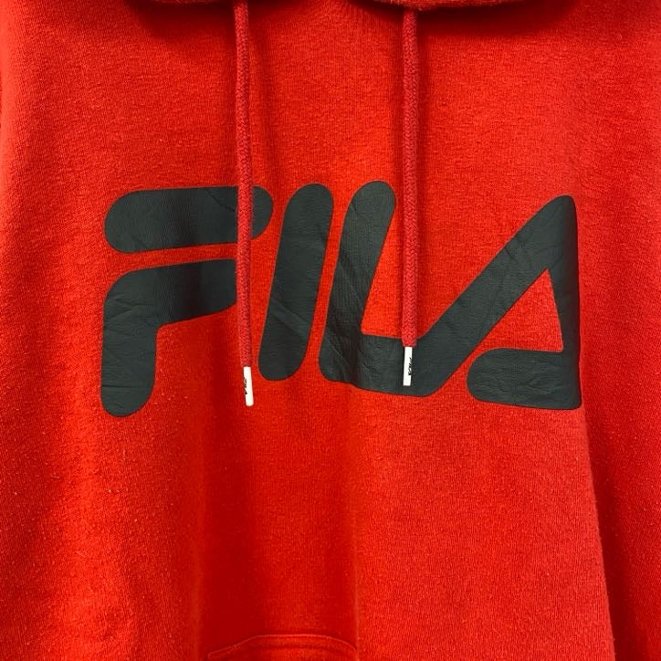 古着 used　FILA　フィラ　長袖ロゴプリントパーカー　スウェットフーディ　赤　レッド　レトロデザイン　秋冬服　Lサイズ