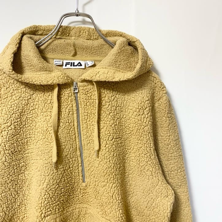 古着 used　FILA フィラ　長袖ハーフジップフリースジャケット　ボアパーカー　プルオーバー　ビックロゴ刺繍　Lサイズ