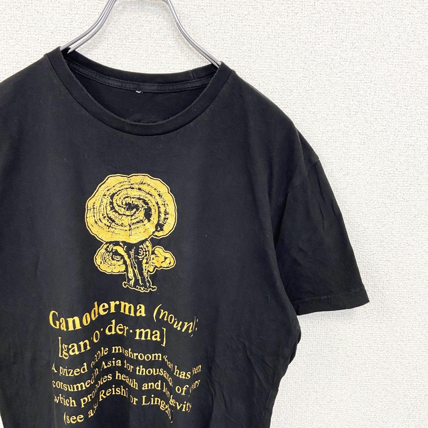 ORGANO　半袖デザインプリントTシャツ　レイシ　キノコ　6連プリント　クルーネック　黒　ブラック