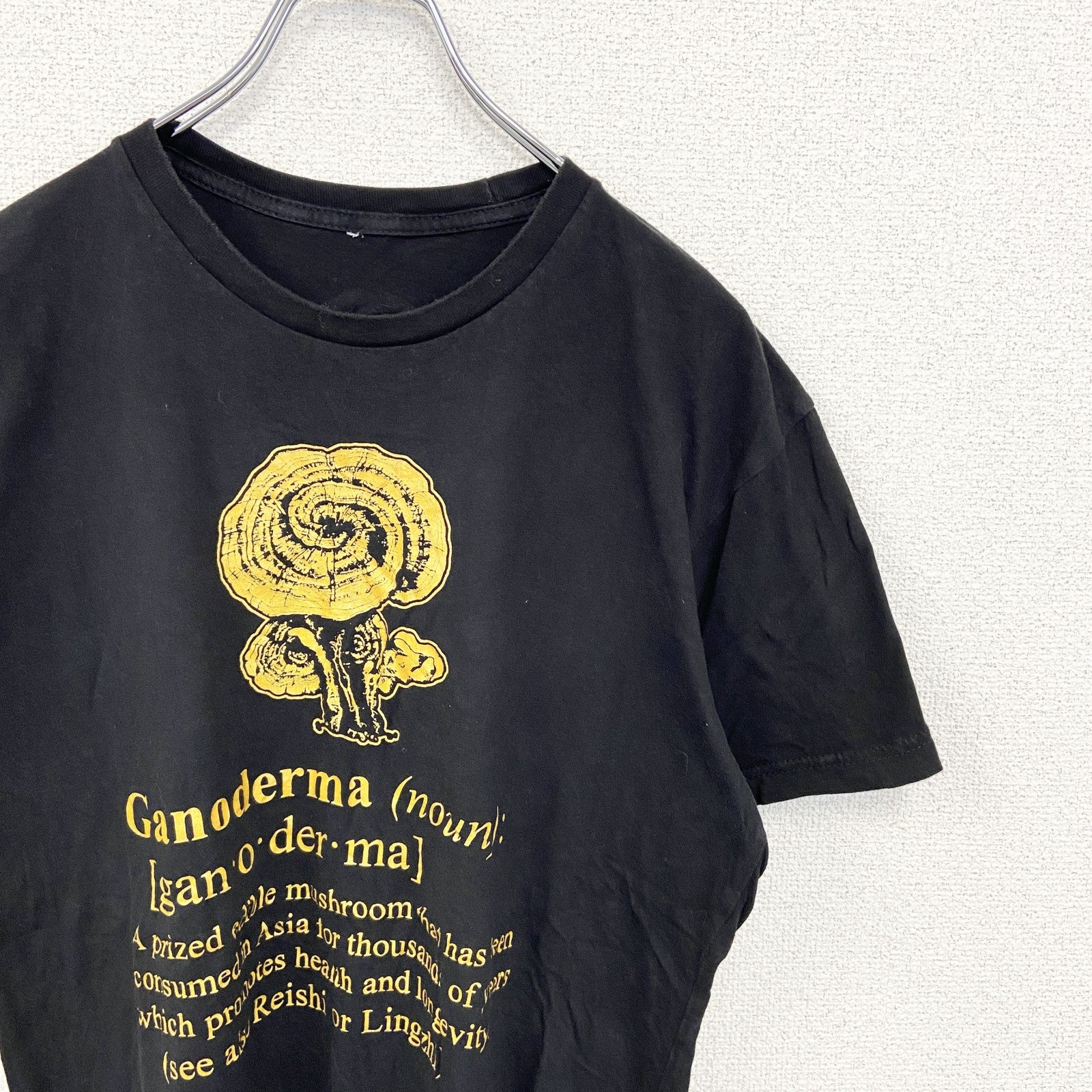 ORGANO　半袖デザインプリントTシャツ　レイシ　キノコ　6連プリント　クルーネック　黒　ブラック