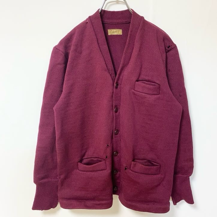 古着 used　Philippine　長袖ニットカーディガン　ポケット　無地　シンプル　ワインレッド　レトロ　秋冬服