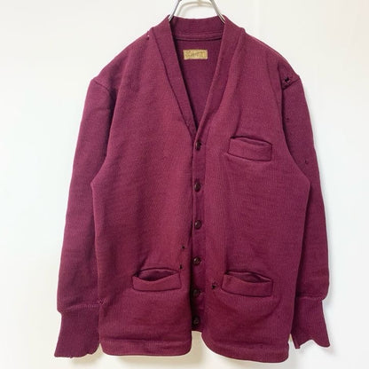古着 used　Philippine　長袖ニットカーディガン　ポケット　無地　シンプル　ワインレッド　レトロ　秋冬服