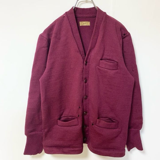 古着 used　Philippine　長袖ニットカーディガン　ポケット　無地　シンプル　ワインレッド　レトロ　秋冬服