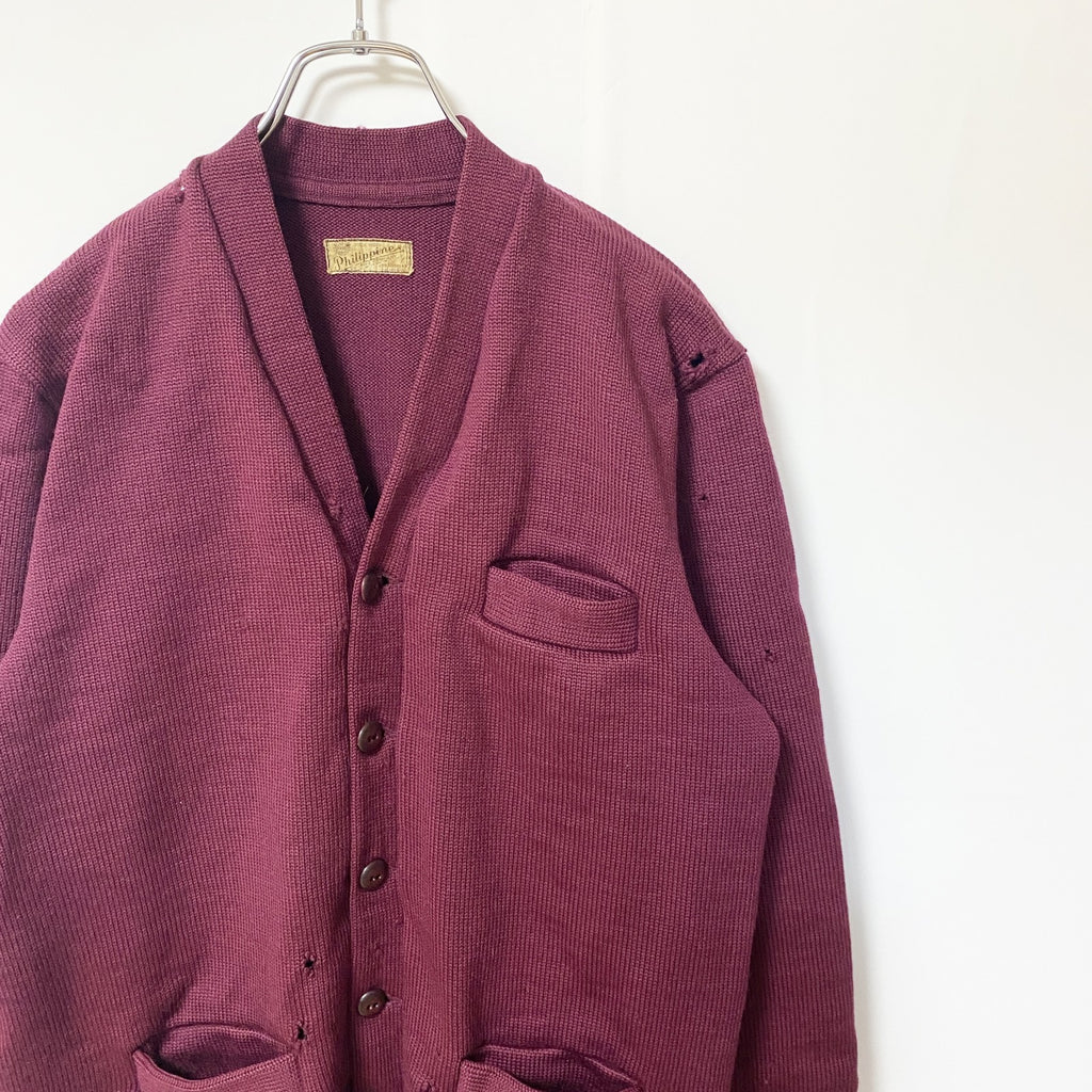 古着 used　Philippine　長袖ニットカーディガン　ポケット　無地　シンプル　ワインレッド　レトロ　秋冬服