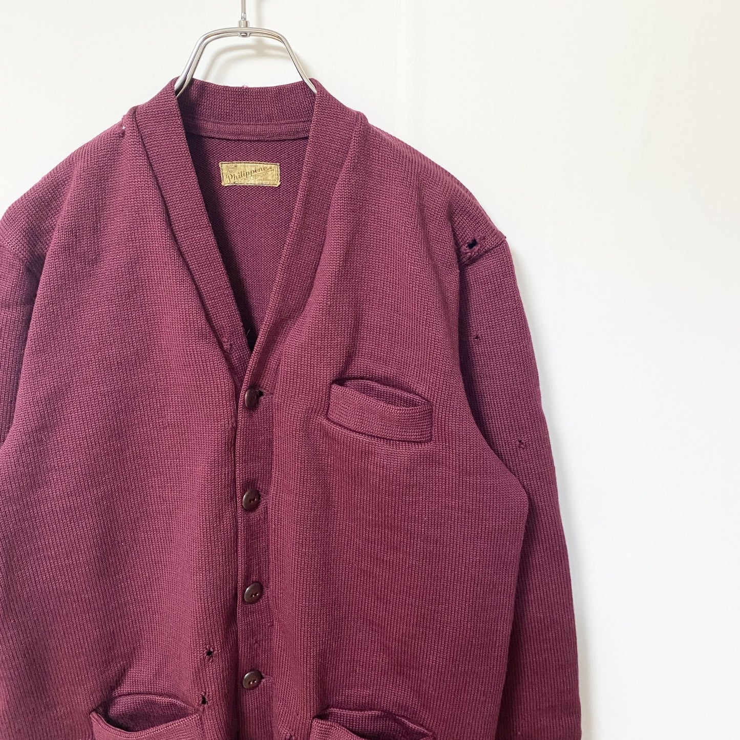 古着 used　Philippine　長袖ニットカーディガン　ポケット　無地　シンプル　ワインレッド　レトロ　秋冬服