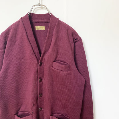 古着 used　Philippine　長袖ニットカーディガン　ポケット　無地　シンプル　ワインレッド　レトロ　秋冬服