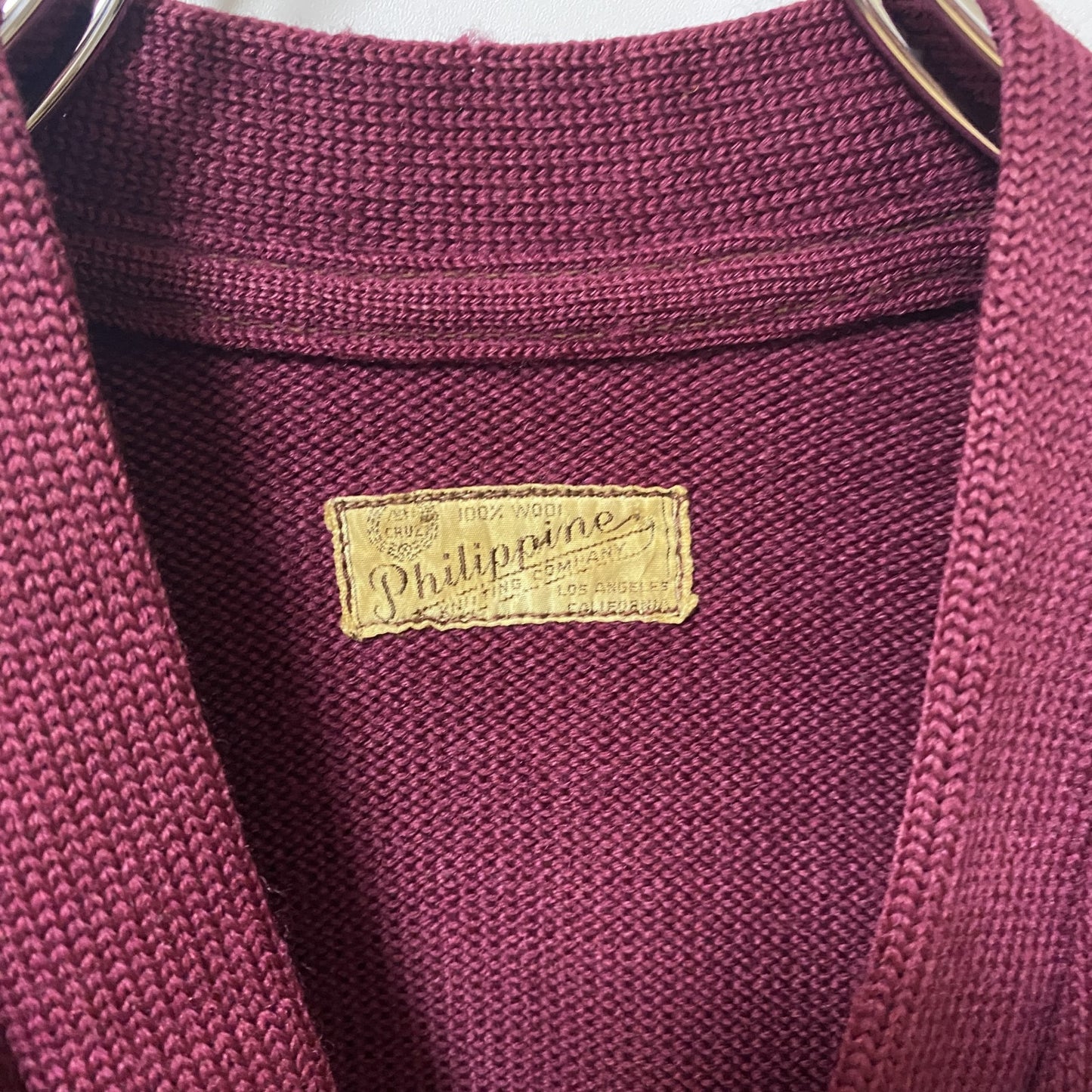 古着 used　Philippine　長袖ニットカーディガン　ポケット　無地　シンプル　ワインレッド　レトロ　秋冬服