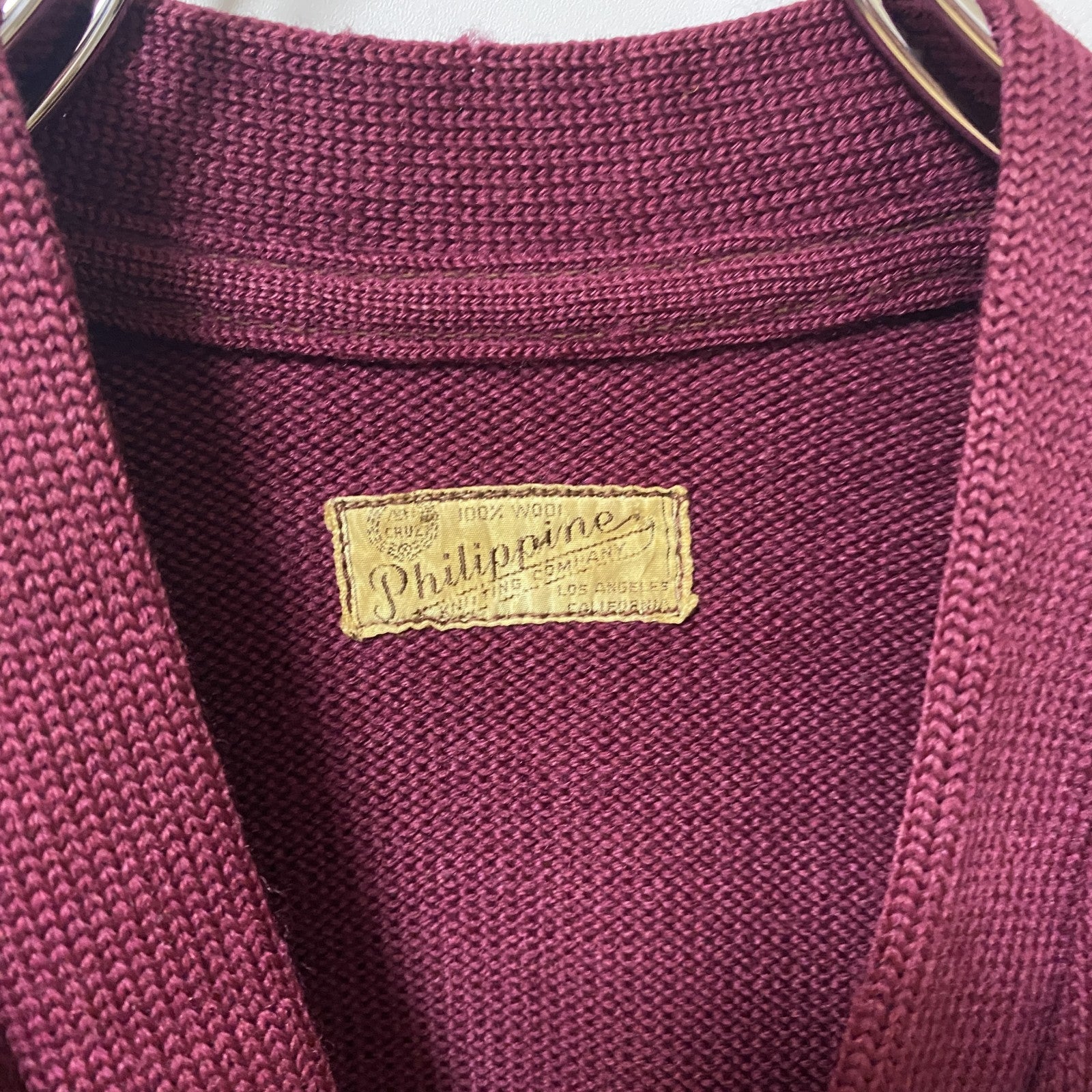 古着 used　Philippine　長袖ニットカーディガン　ポケット　無地　シンプル　ワインレッド　レトロ　秋冬服