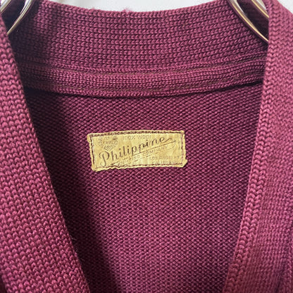 古着 used　Philippine　長袖ニットカーディガン　ポケット　無地　シンプル　ワインレッド　レトロ　秋冬服