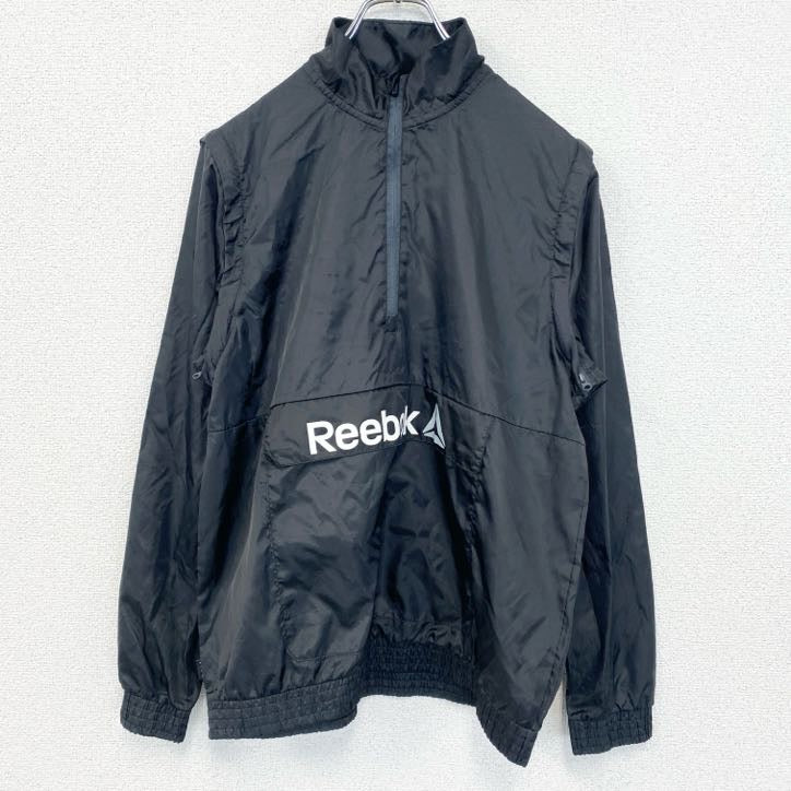 古着 used　Reebok　半袖アノラックパーカー　長袖ナイロンプルオーバー　ロゴプリント　アウトドア　２way　黒　XXLサイズ