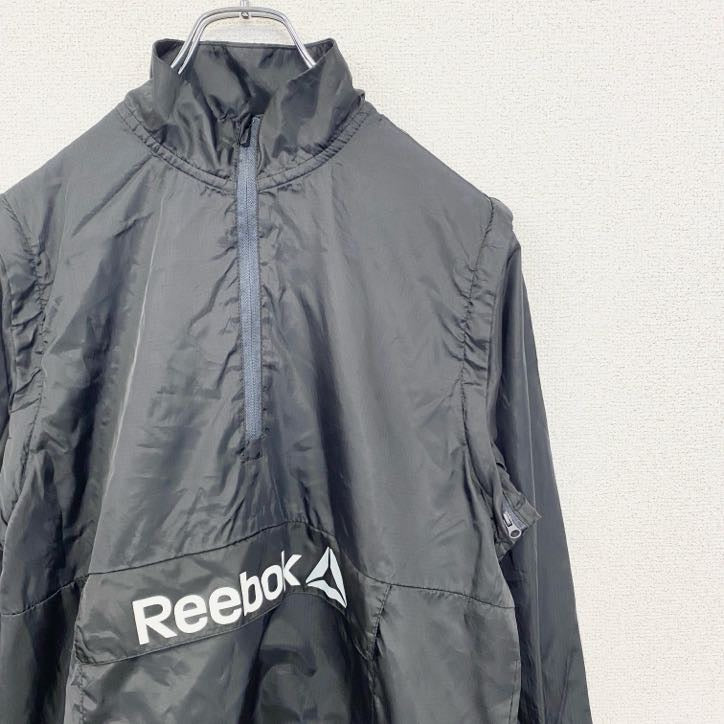 古着 used　Reebok　半袖アノラックパーカー　長袖ナイロンプルオーバー　ロゴプリント　アウトドア　２way　黒　XXLサイズ