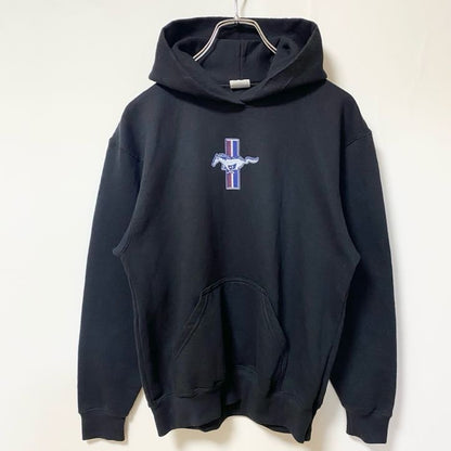 古着 used　PORT＆COMPANY　長袖プリントパーカー　フード付きスウェット　馬　アニマル　黒　ブラック　秋冬服