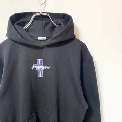 古着 used　PORT＆COMPANY　長袖プリントパーカー　フード付きスウェット　馬　アニマル　黒　ブラック　秋冬服