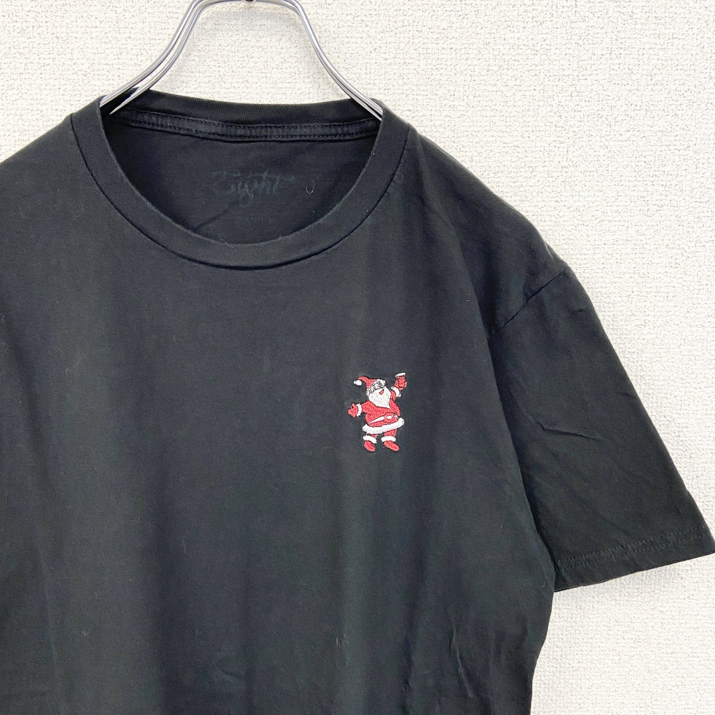 古着 used　Eight　半袖ワンポイント刺繍Tシャツ　サンタクロース　シンプルデザイン　黒　ブラック　クルーネック　