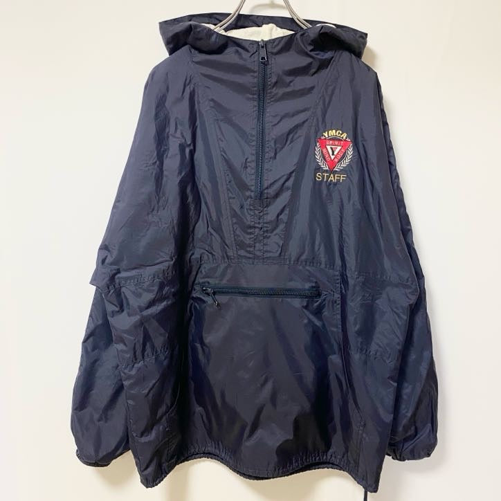 古着 used　PORT＆COMPANY　長袖ハーフジップナイロンジャケット　フード付きプルオーバー　YMCA　ネイビー　Mサイズ
