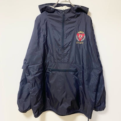 古着 used　PORT＆COMPANY　長袖ハーフジップナイロンジャケット　フード付きプルオーバー　YMCA　ネイビー　Mサイズ