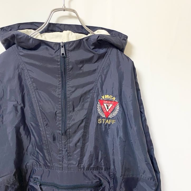 古着 used　PORT＆COMPANY　長袖ハーフジップナイロンジャケット　フード付きプルオーバー　YMCA　ネイビー　Mサイズ