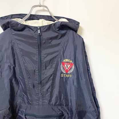 古着 used　PORT＆COMPANY　長袖ハーフジップナイロンジャケット　フード付きプルオーバー　YMCA　ネイビー　Mサイズ