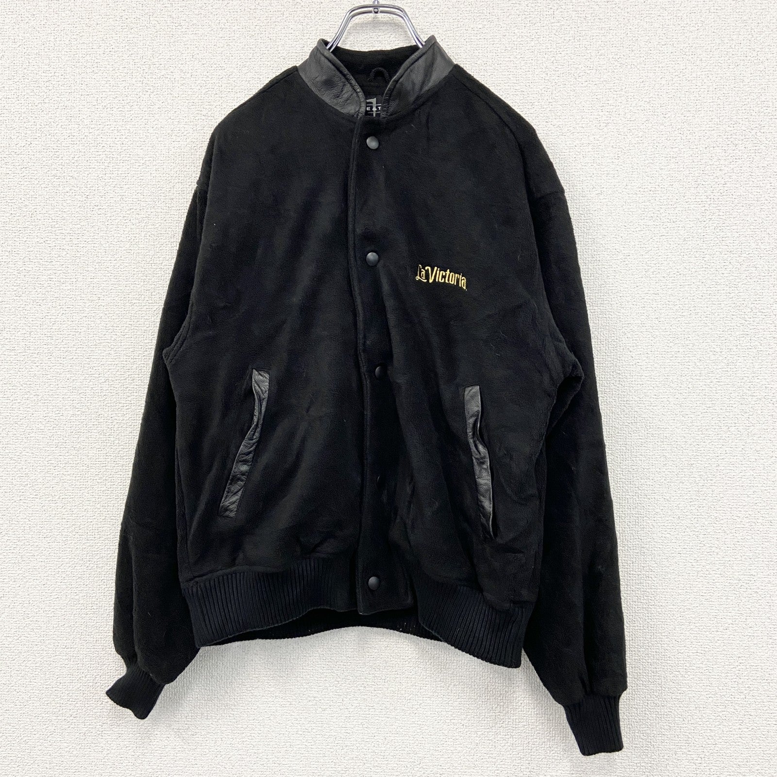90s～　PAGE&TUTTLE　フリースボタンスタジャン　レザー切り替え　ヴィンテージ　黒　ブラック　Sサイズ
