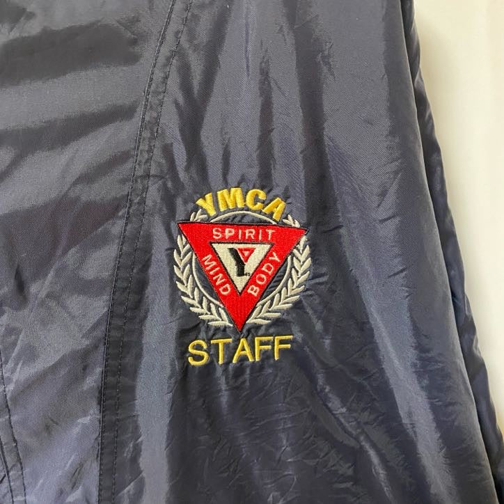 古着 used　PORT＆COMPANY　長袖ハーフジップナイロンジャケット　フード付きプルオーバー　YMCA　ネイビー　Mサイズ