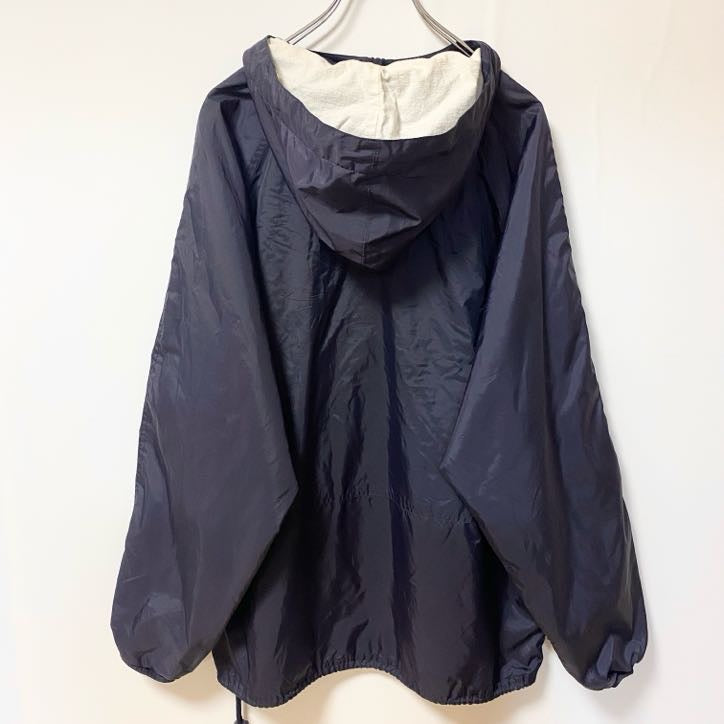 古着 used　PORT＆COMPANY　長袖ハーフジップナイロンジャケット　フード付きプルオーバー　YMCA　ネイビー　Mサイズ