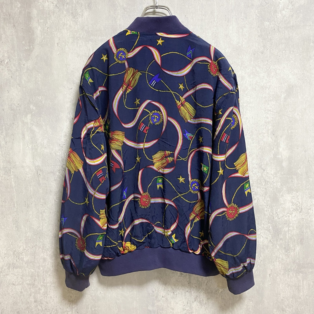 古着 used　長袖フルジップ総柄デザインナイロンジャケット　タッセル　星　ネイビー　レトロ　個性的　秋冬服　Mサイズ