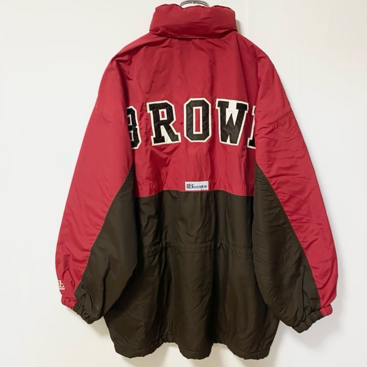古着 used　BOATHOUSE　長袖カレッジロゴナイロンジャケット　ブルゾン　ブラウン大学　ポイント刺繍　赤　茶色　Lサイズ