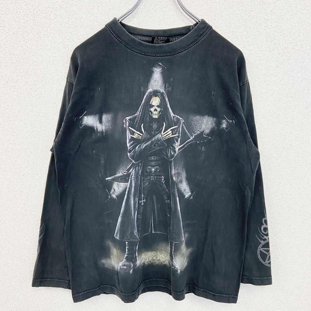古着 used　スパイラルダイレクト　長袖スカルビックプリントTシャツ　死神　ガイコツ　黒　ブラック　Mサイズ