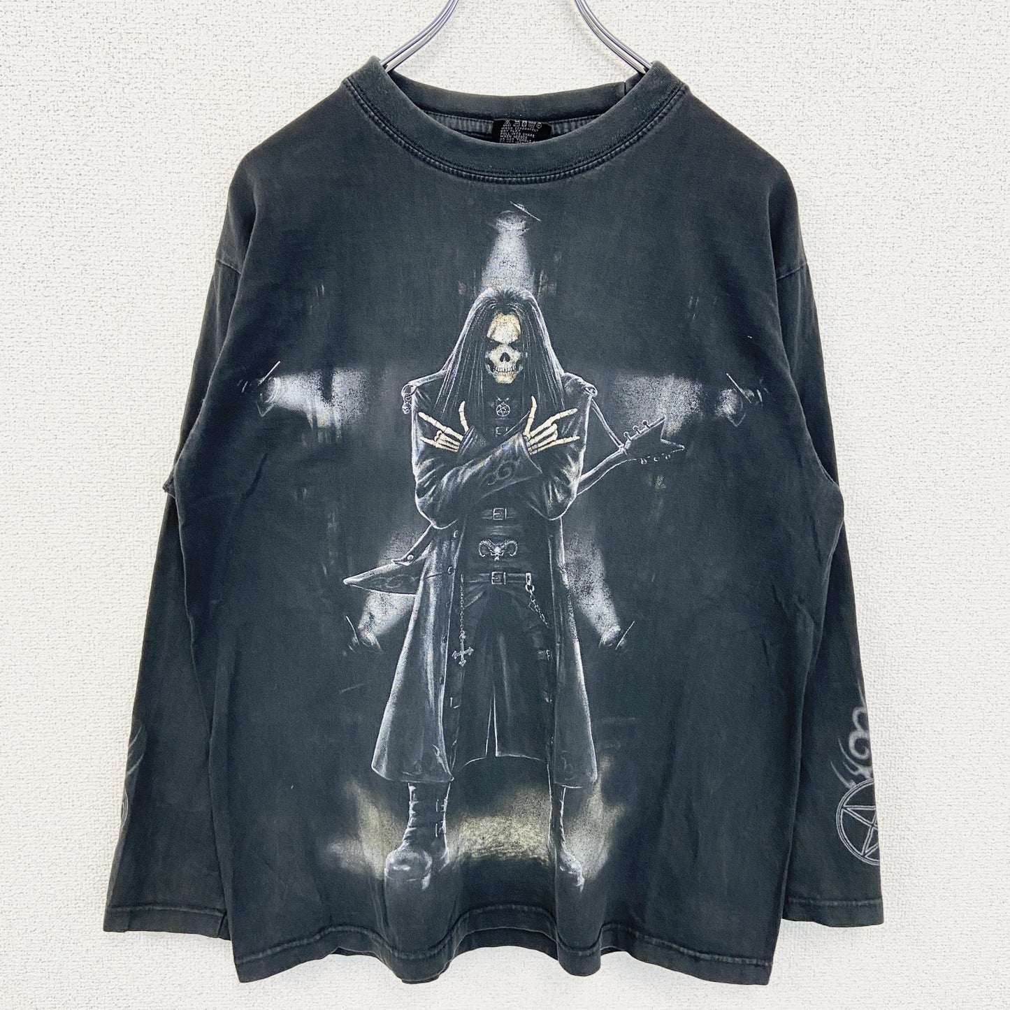 古着 used　スパイラルダイレクト　長袖スカルビックプリントTシャツ　死神　ガイコツ　黒　ブラック　Mサイズ