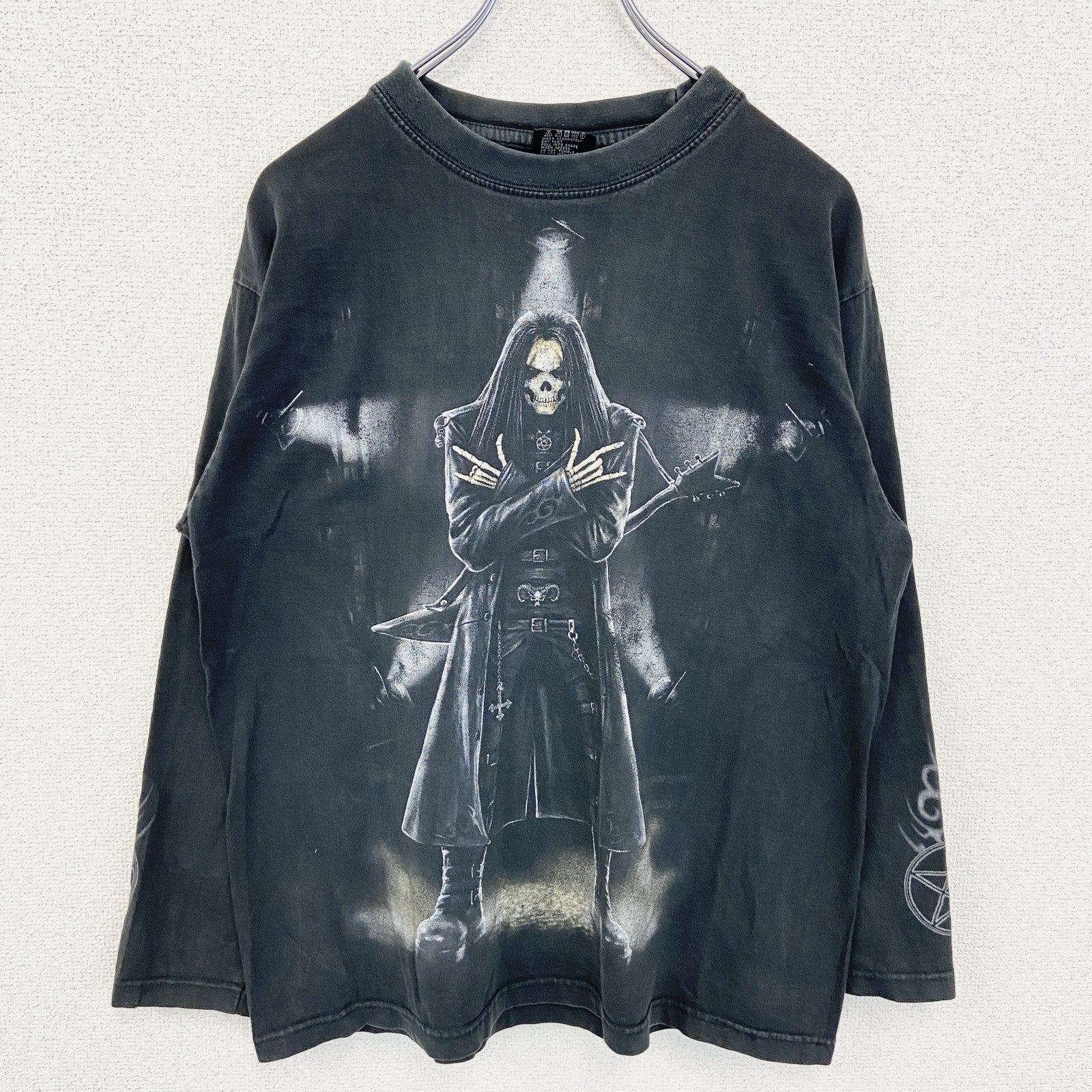 古着 used　スパイラルダイレクト　長袖スカルビックプリントTシャツ　死神　ガイコツ　黒　ブラック　Mサイズ