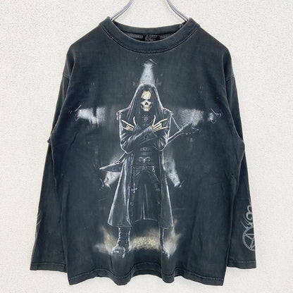 古着 used　スパイラルダイレクト　長袖スカルビックプリントTシャツ　死神　ガイコツ　黒　ブラック　Mサイズ
