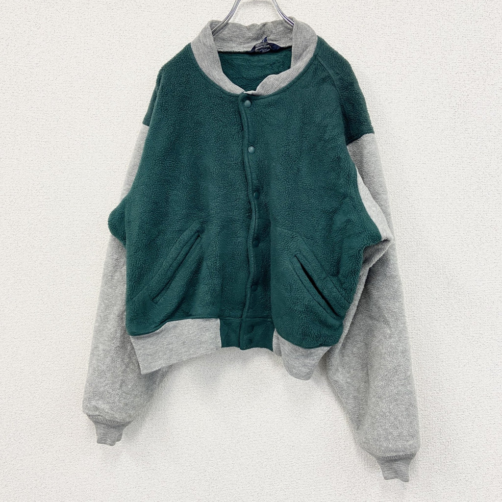 90s　LAND’S END　ランズエンド　フリースボタンスタジャン　バイカラー　緑　灰色　グリーン　グレー　Lサイズ
