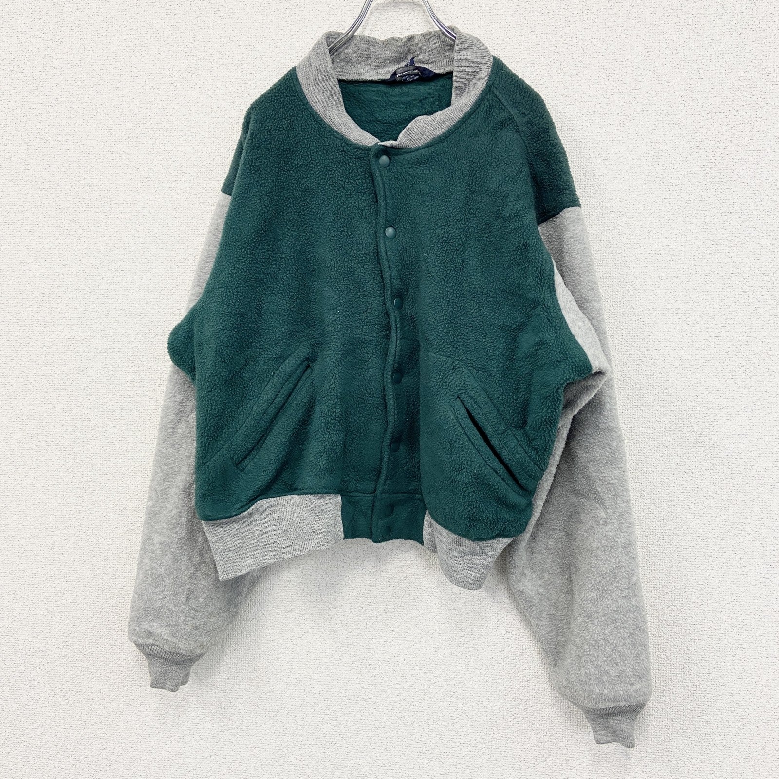 90s　LAND’S END　ランズエンド　フリースボタンスタジャン　バイカラー　緑　灰色　グリーン　グレー　Lサイズ