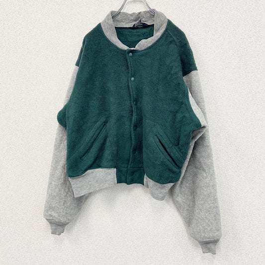 90s　LAND’S END　ランズエンド　フリースボタンスタジャン　バイカラー　緑　灰色　グリーン　グレー　Lサイズ