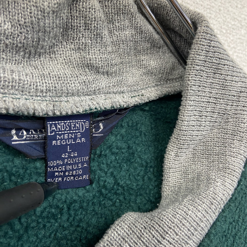 90s　LAND’S END　ランズエンド　フリースボタンスタジャン　バイカラー　緑　灰色　グリーン　グレー　Lサイズ