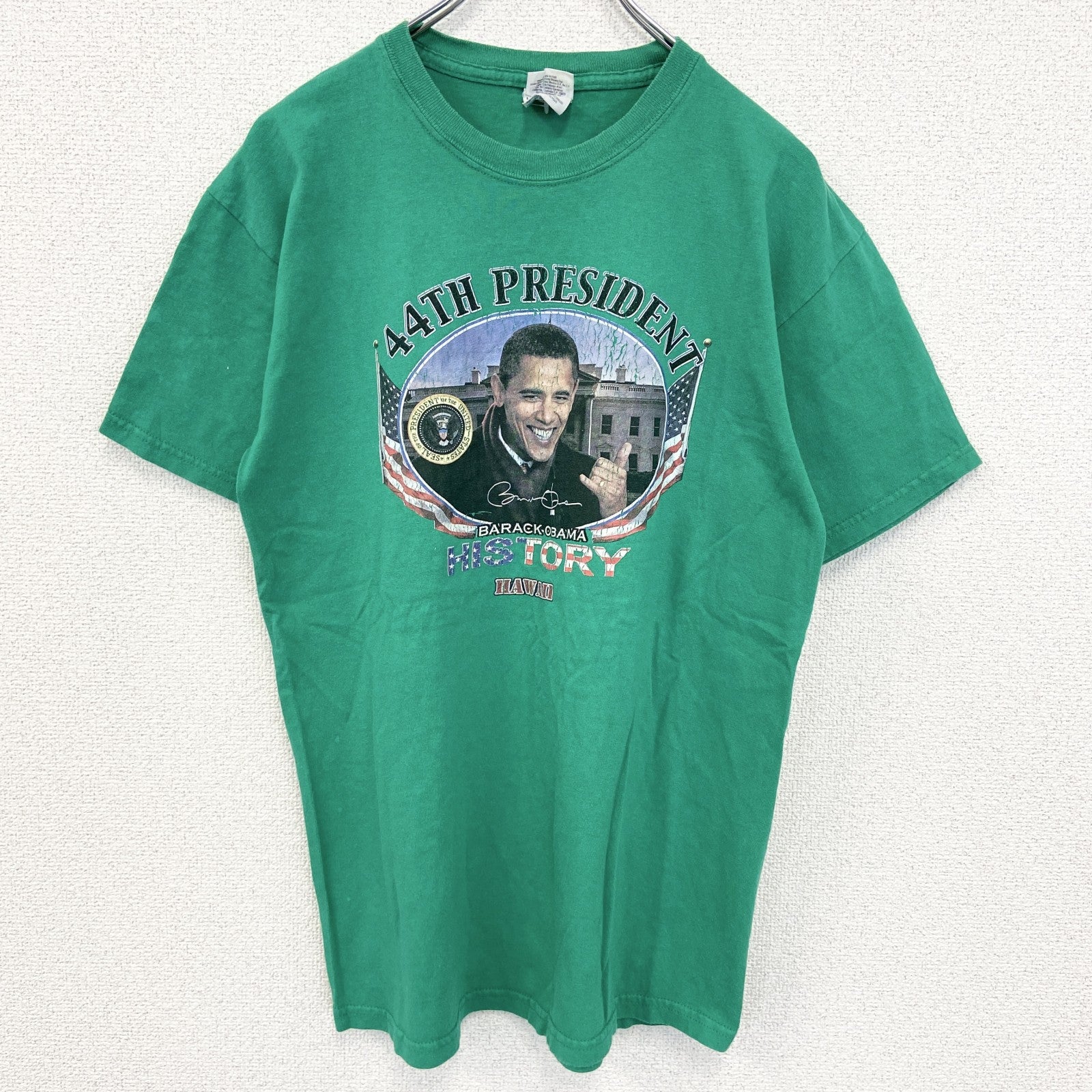 古着 used　GILDAN ギルダン　半袖プリントTシャツ　OBAMA オバマ　元アメリカ大統領　緑　グリーン　Mサイズ