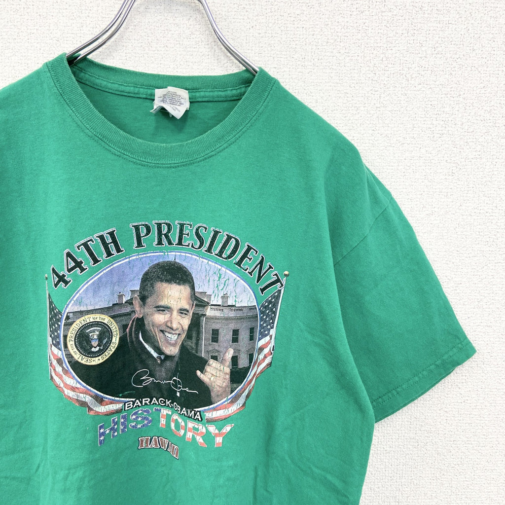 古着 used　GILDAN ギルダン　半袖プリントTシャツ　OBAMA オバマ　元アメリカ大統領　緑　グリーン　Mサイズ