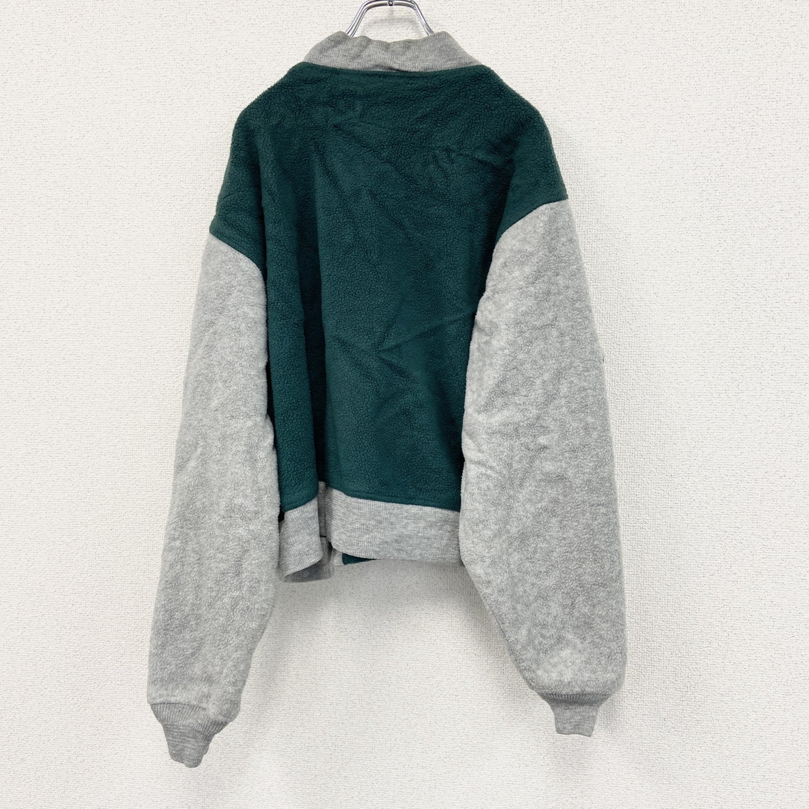 90s　LAND’S END　ランズエンド　フリースボタンスタジャン　バイカラー　緑　灰色　グリーン　グレー　Lサイズ