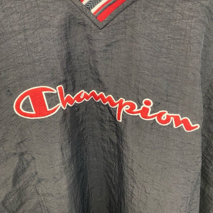 90s　Champion　チャンピオン　ロゴワッペン　ナイロンプルオーバー　Vネック　黒　XLサイズ