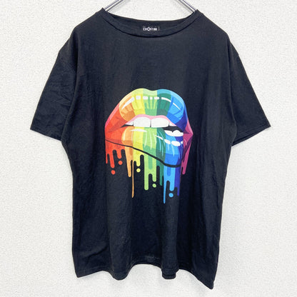 古着 used　EDOSTAR　半袖デザインプリントTシャツ　レインボーカラー　唇　黒　ブラック　クルーネック
