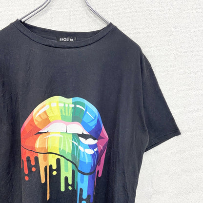 古着 used　EDOSTAR　半袖デザインプリントTシャツ　レインボーカラー　唇　黒　ブラック　クルーネック