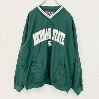 古着 used　PRO PLAYER　長袖カレッジ刺繍ナイロンプルオーバー　ミシガン州立大学　緑　ビッグシルエット　Mサイズ