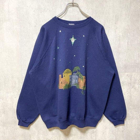 古着 used　90s 90年代　長袖プリントスウェット　トレーナー　ラグラン　ヴィンテージ　ネイビー　レトロデザイン　Lサイズ