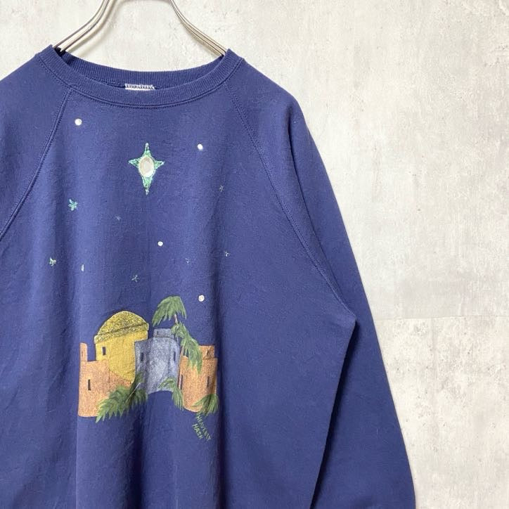 古着 used　90s 90年代　長袖プリントスウェット　トレーナー　ラグラン　ヴィンテージ　ネイビー　レトロデザイン　Lサイズ