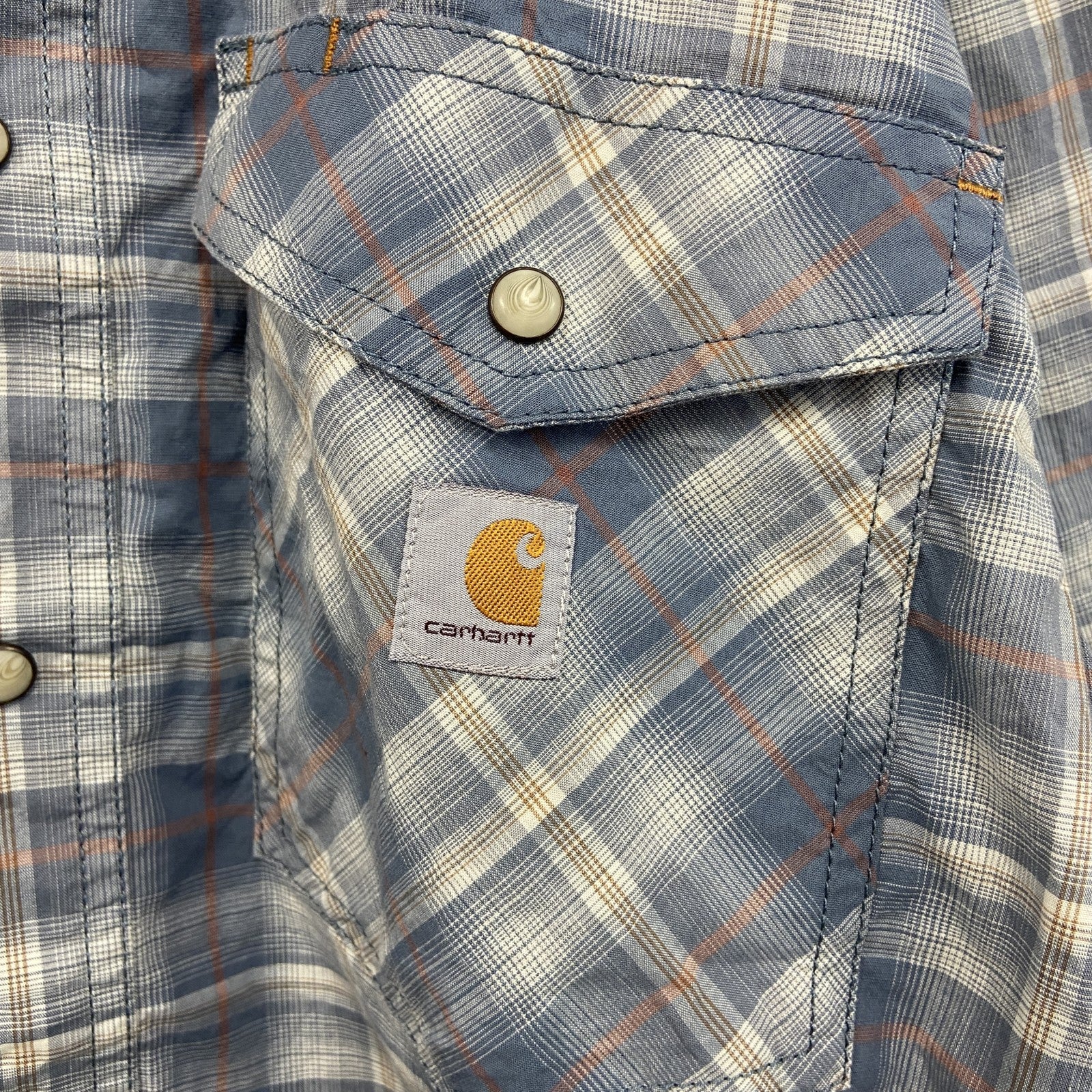 Carhartt　カーハート　半袖ボタンダウンシャツ　ダブルポケット　オンブレチェック　ブルー　青　Sサイズ